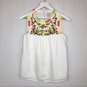 J. Crew Factory White Linen Floral Embroidered Top